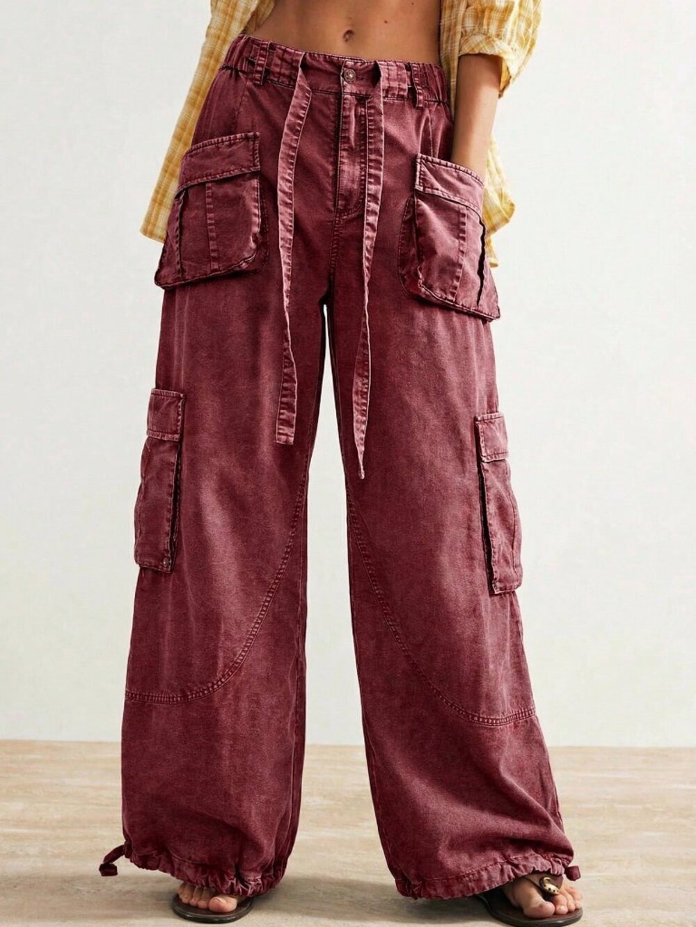 Burgundy Casual Women's Woven Loose Drawstring Waist Low-Rise Wide Leg Pants - Picture 6 of 10